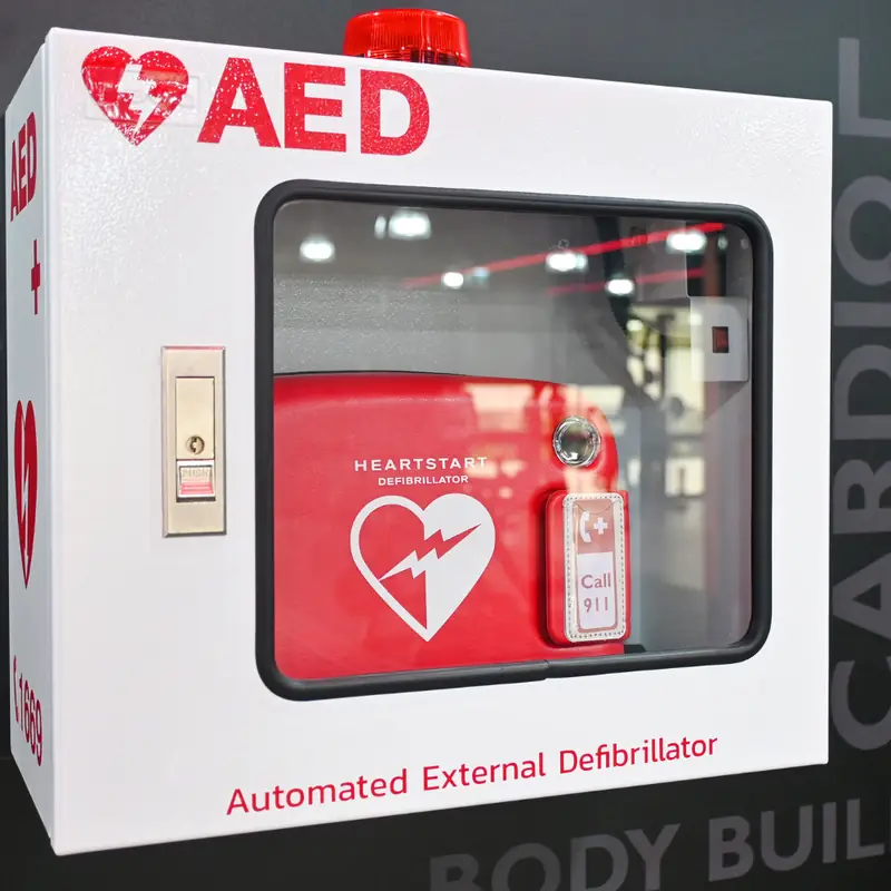 Automated External Defibrillator (AED) in a wall cabinet